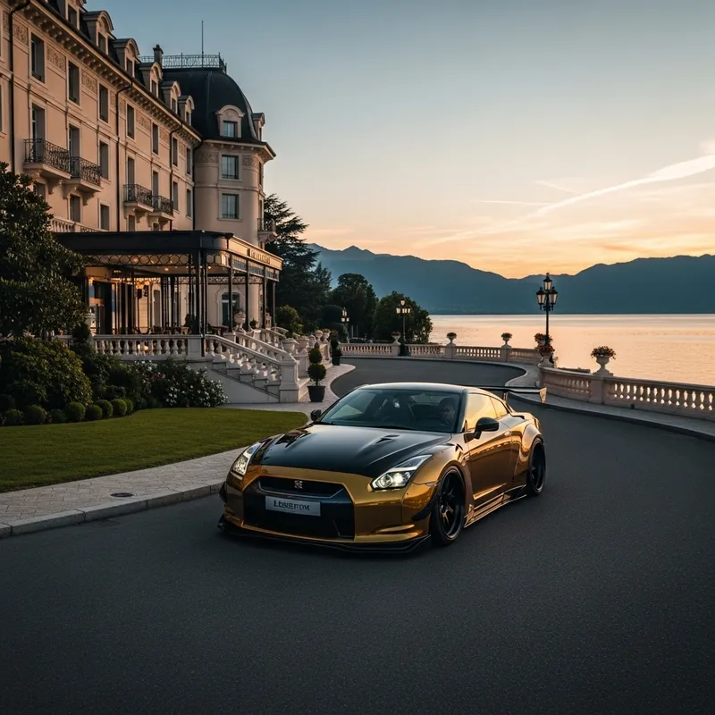 Black and Gold Nissan GTR R35 with Liberty Walk at 7-Star Hotel
