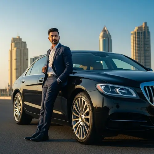 Luxury Car: South Asian Man in Business Suit Admires Black Car