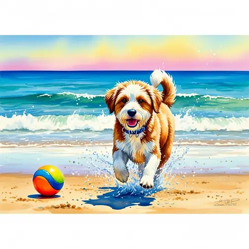 Vibrant Beach Scene Watercolour Painting of a Playful Pet