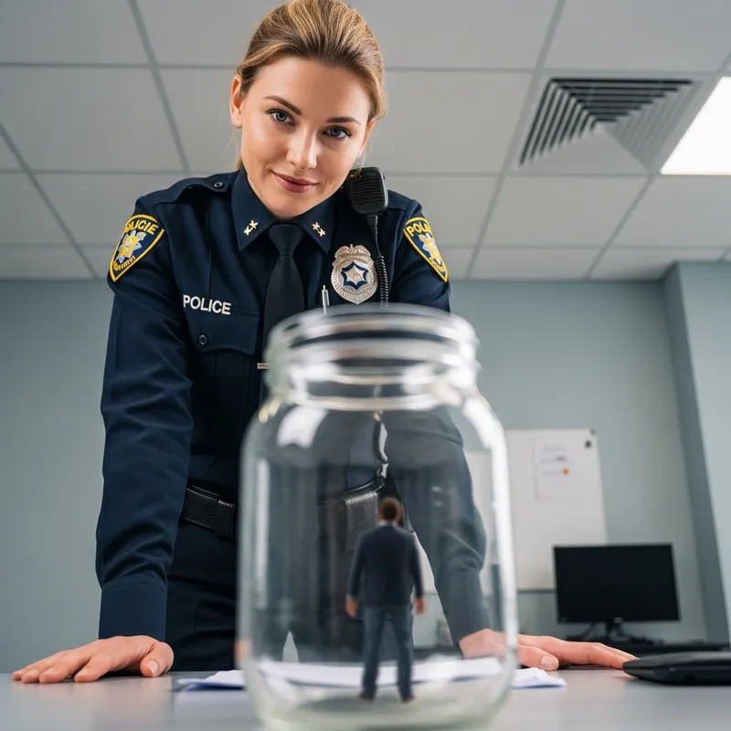 Captivating Blonde Student Policewoman Smirking in Glass Jar Scene Captivating Blonde Student Policewoman Smirking in Glass Jar Scene