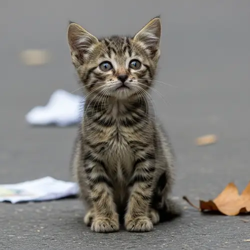 Sad Homeless Kitten Alone in Urban Setting - Heart-Wrenching Image