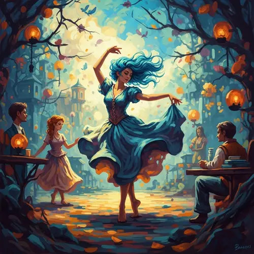 Vibrant Blue Hair Woman Dancing - Impressionist Scene