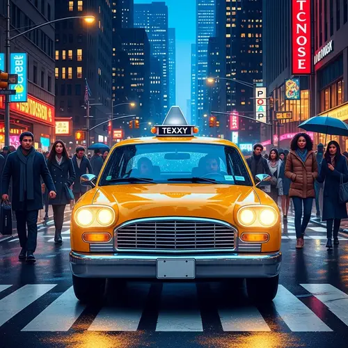 Vibrant City Night Scene with Classic Yellow Taxi