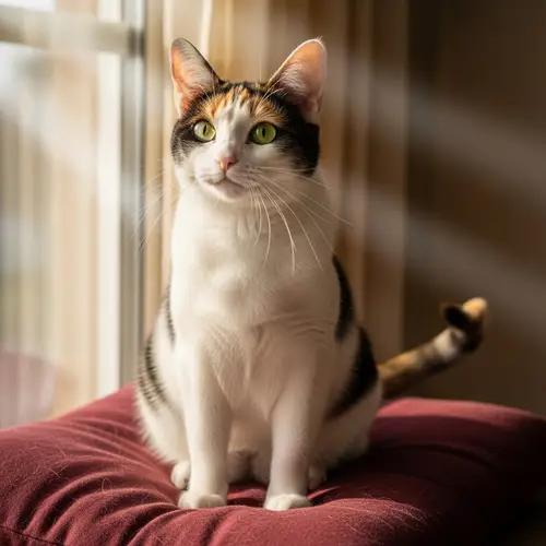 Calico Cat on Plush Burgundy Cushion | Charming and Playful