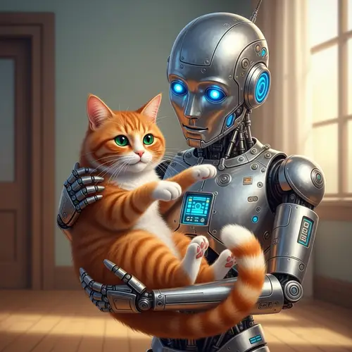 Metallic Robot Holding Orange Cat | Serene Room Setting