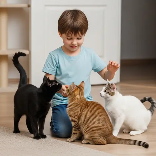 Young Boy Playing with Three Cats | Heartwarming Scene