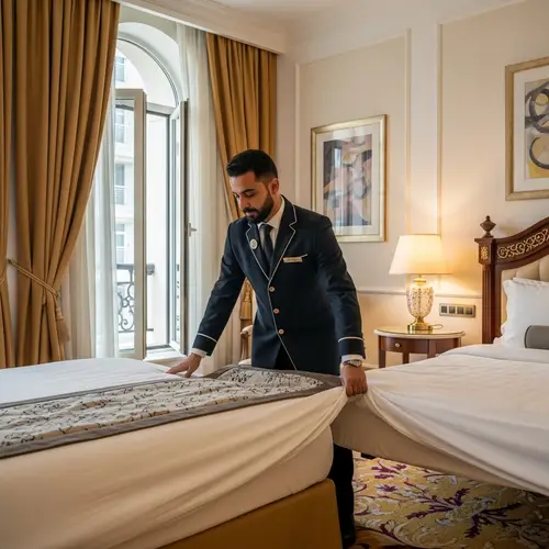 Middle-Eastern Hotelier Adjusting Bed in Elegant Room