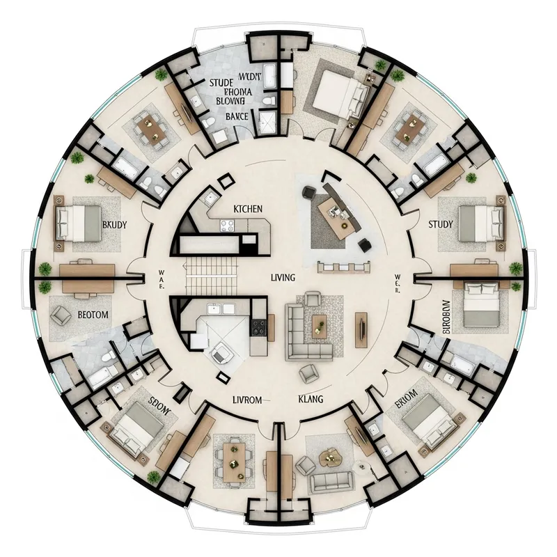 Circular Floor Plan Design: Symmetrical Layout & Room Distribution Circular Floor Plan Design: Symmetrical Layout & Room Distribution
