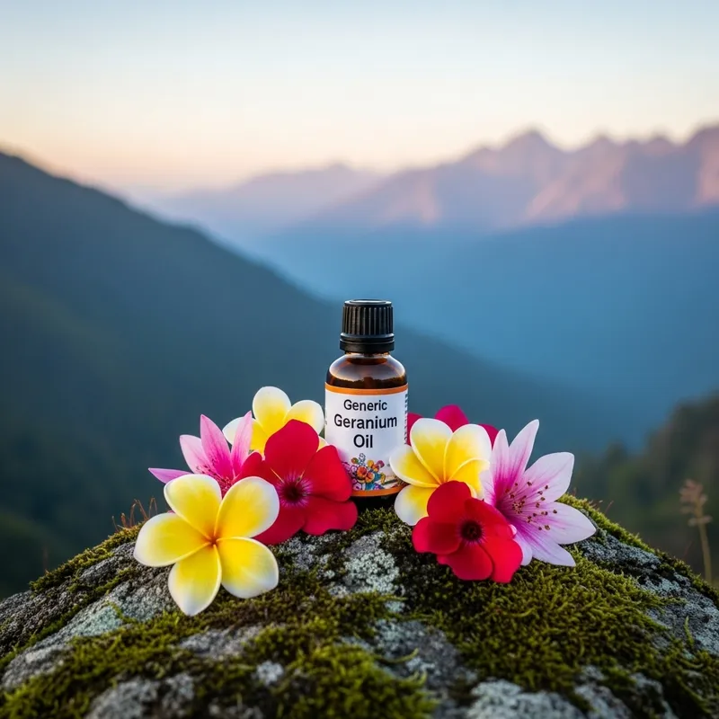 Geranium Oil Bottle in Ethereal Tropical Nature with Mountain Silhouette