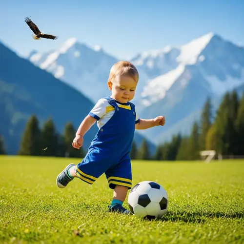 Cute Baby Boy Playing Football on Green Mountain Field