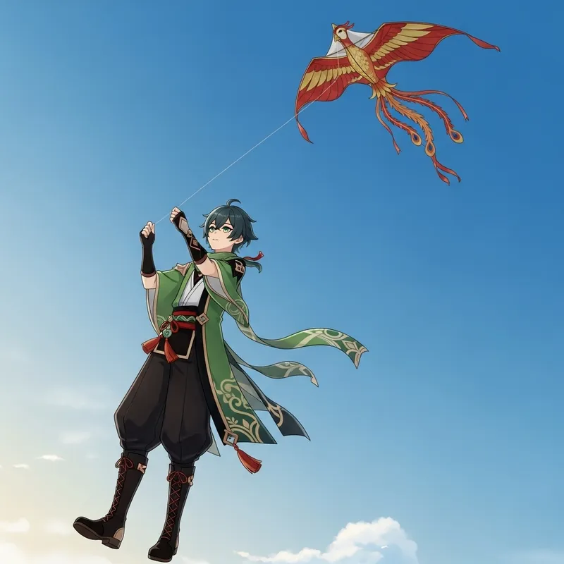 Xiao Flying Kite in Genshin Impact | Tranquil Scene Xiao Flying Kite in Genshin Impact | Tranquil Scene