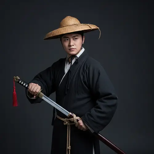 Man in Black Robe with Straw Hat and Slender Sword
