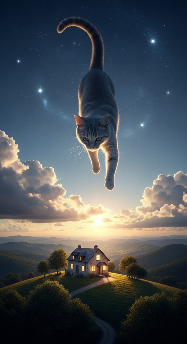 Silhouette of a Cat on Rooftop under Dark Purple Dusk Sky | AI Art