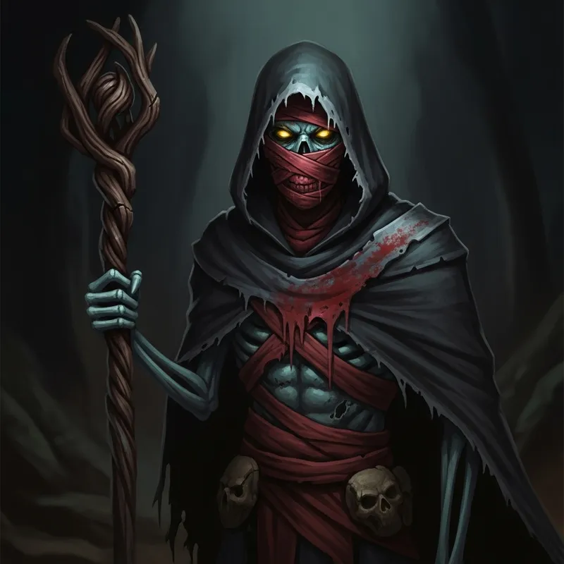 Mystical Undead Figure with Glowing Yellow Eyes and Dark Cloak