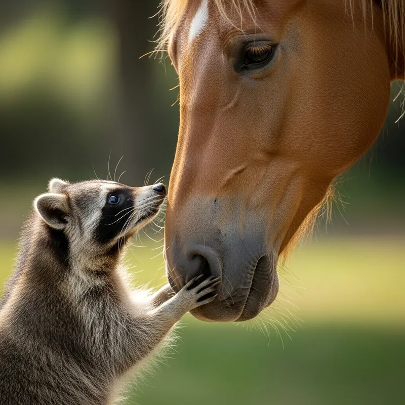 Raccoon Face-to-Face with Horse Encounter