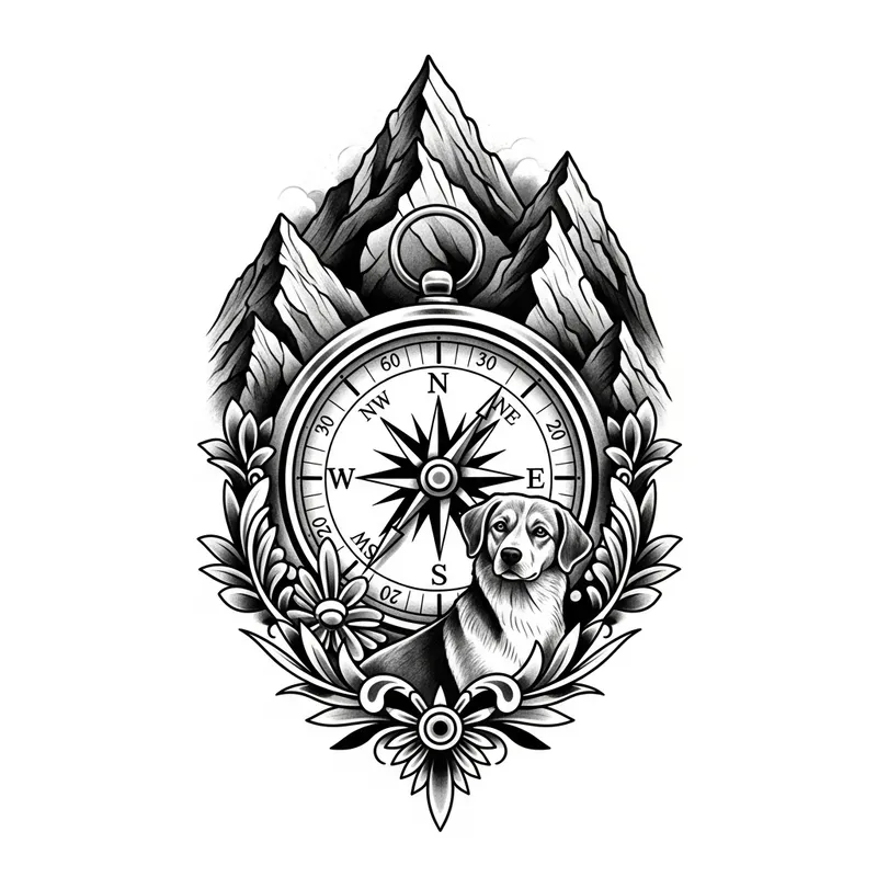 Intricate Compass Tattoo with Mountain and Dog Details Intricate Compass Tattoo with Mountain and Dog Details