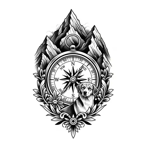 Detailed Compass Tattoo Design with Mountain and Dog Elements