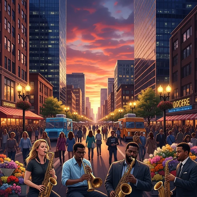 Vibrant Urban Cityscape with Diverse Street Chat | Jazz Music