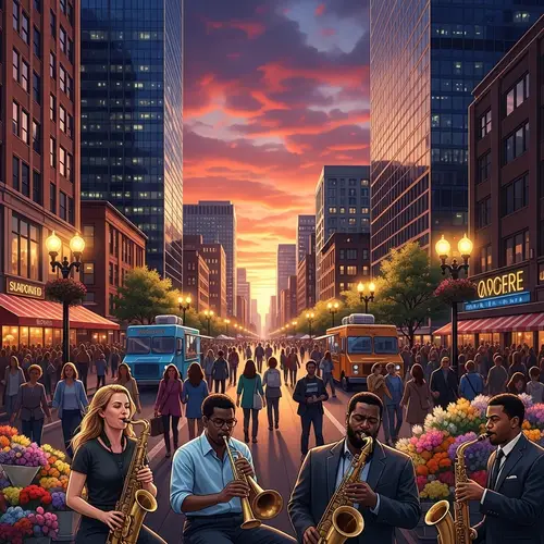 Vibrant Urban Sunset Cityscape | Diverse Street Life & Jazz Music