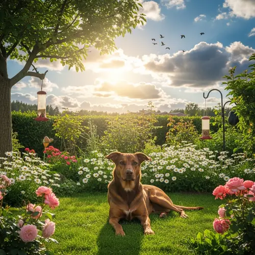 Calm Brown Dog in Lush Garden | Serene Landscape View