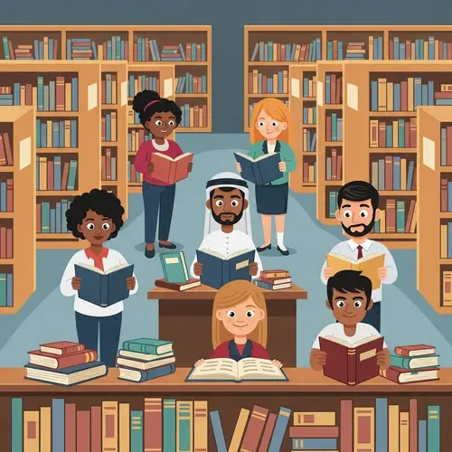 Diverse Researchers in a Vast Library: A Journey for Knowledge