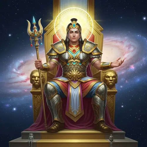 Divine Deity on Golden Throne in Celestial Galaxy