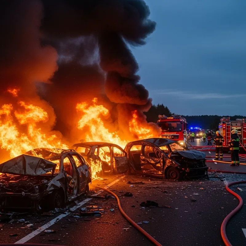Fiery Car Crash: Dramatic Scene of Fire and Rescue