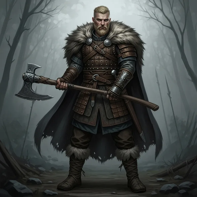 Young Blonde Viking Barbarian with Greataxe in Leather Armor