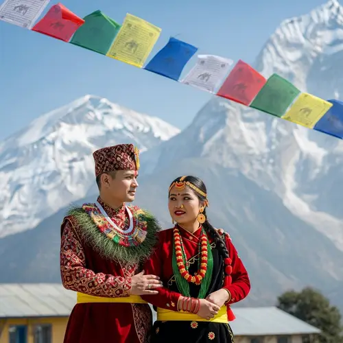 Traditional Nepali Couple in Dhaka Topi and Gunyo Cholo | Himalayan Backdrop