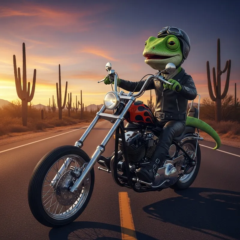 Smiling Green Lizard Biker Riding Black Harley Davidson