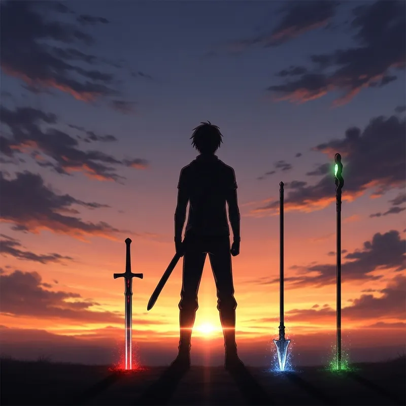 Anime Dark Silhouette at Sunset with Sword, Spear, and Staff Anime Dark Silhouette at Sunset with Sword, Spear, and Staff