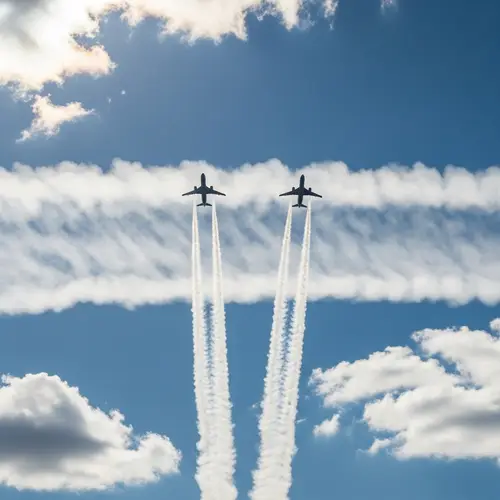 Aerial Contrails: Parallel Airplanes in Clear Blue Sky