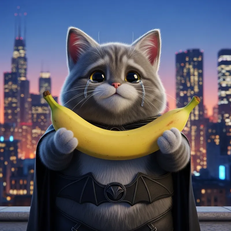 Adorable Kitten in Superhero Costume with Banana Adorable Kitten in Superhero Costume with Banana