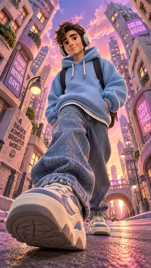 Stylish 3D Cartoon Fashion Character in Surreal Urban Setting