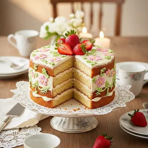 Delicious Layered Cake with Moist Sponge and Strawberry Garnish