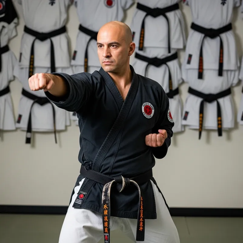 Bald Karate Master in Traditional Attire | Dojo Stance Bald Karate Master in Traditional Attire | Dojo Stance