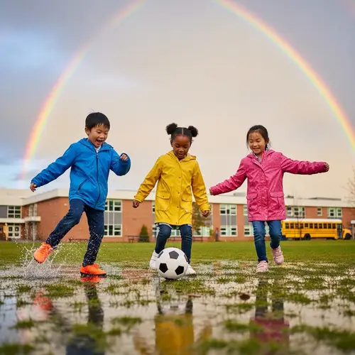 Adorable Children Playing Soccer in the Rain with Rainbow
