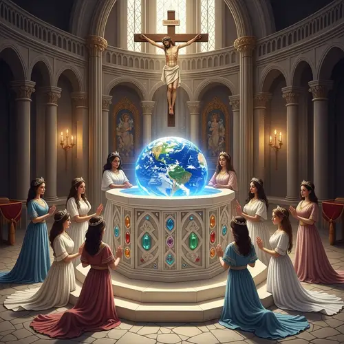 Regal Throne Room with Luminous Earth Replication and Reverent Women