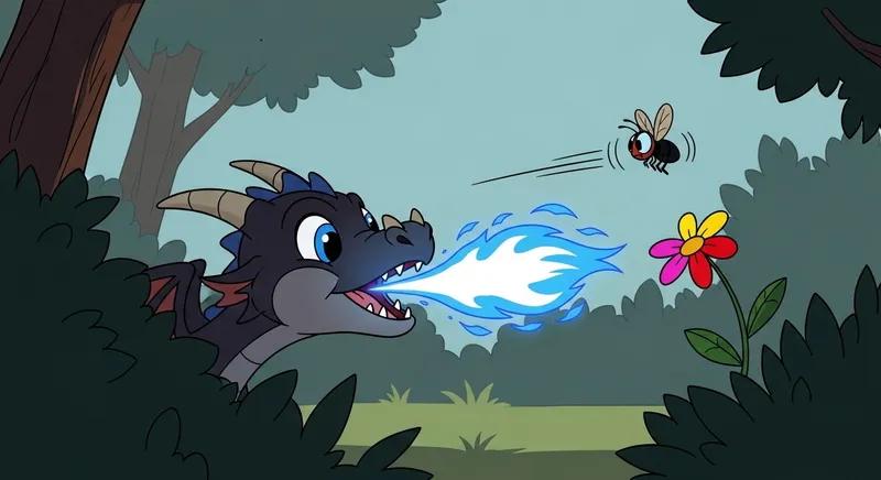 Dark Juvenile Dragon Spewing Blue Fire at Buzzing Fly