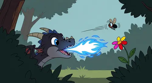 Cute Juvenile Dragon Hunting Fly with Blue Fire