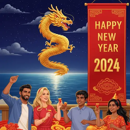 Lunar New Year 2024 Celebration with Golden Dragon & Multicultural Family