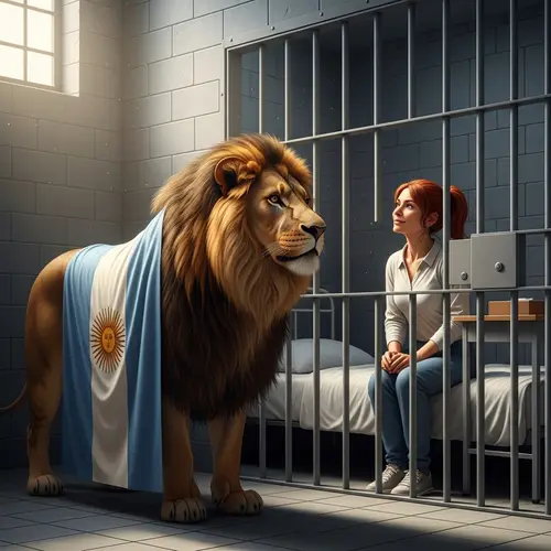 Respectful Scene: Woman with Red Hair in Custody with Argentine Lion Guardian