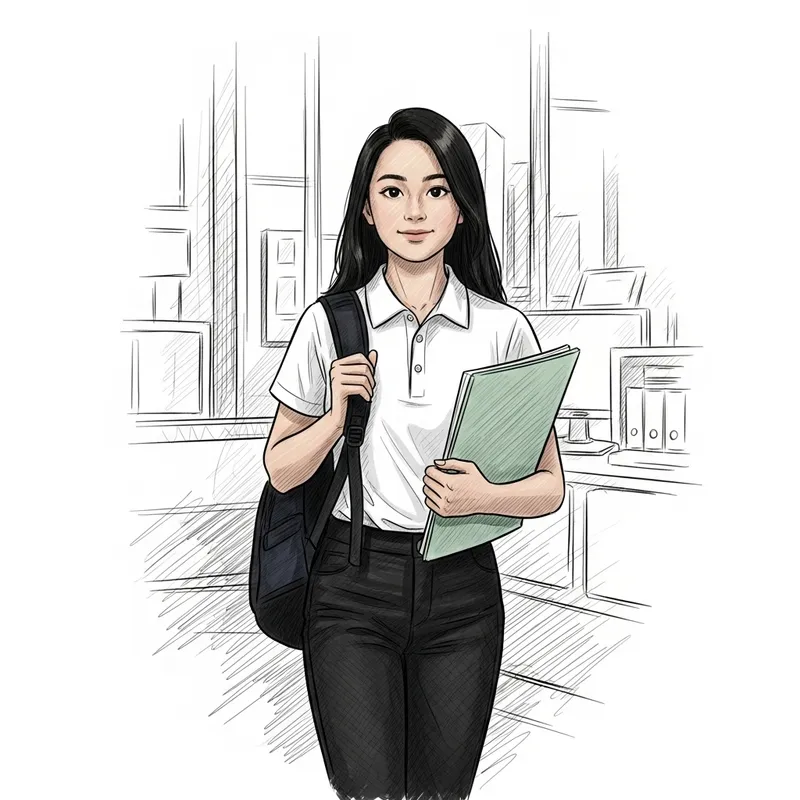 Ambitious Asian Teen Girl in Professional Attire Sketch