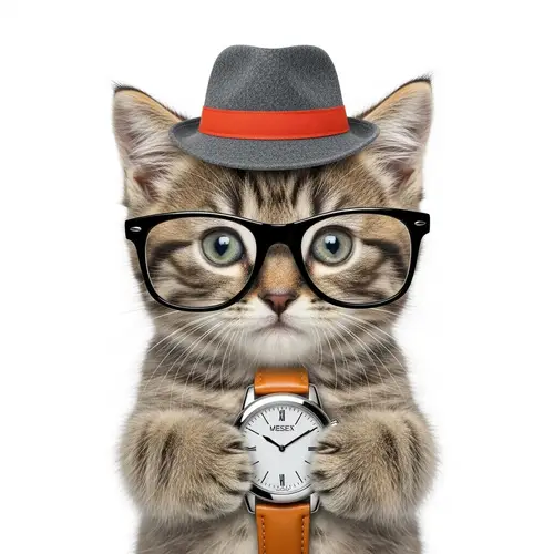 Cute Kitten in Glasses, Hat, Holding Watch - Adorable Feline!