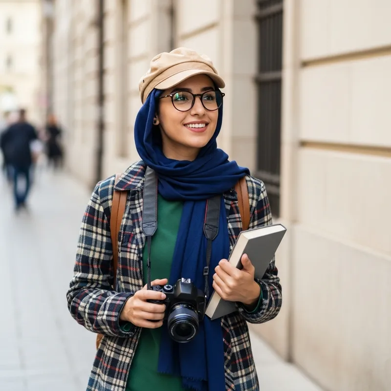 Stylish Woman in Hijab with Camera and Book