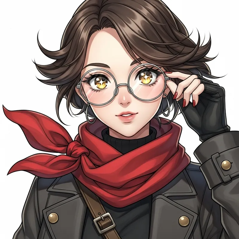 Anime Girl with Red Scarf and Clear Glasses - Playful Character Portrait Anime Girl with Red Scarf and Clear Glasses - Playful Character Portrait