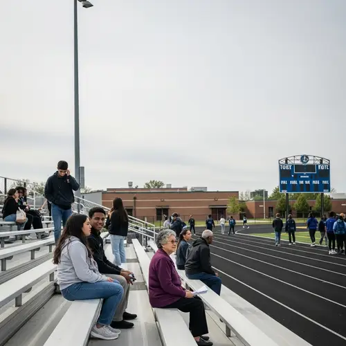 School Sports Ground Scene: Students, Scoreboard, Spectators