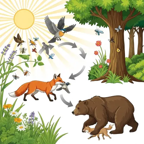 Forest Food Chain: Sun, Plants, Insects, Bird, Fox, Bear