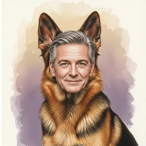 Surreal Watercolor Painting: Human-Headed Dog Transformation