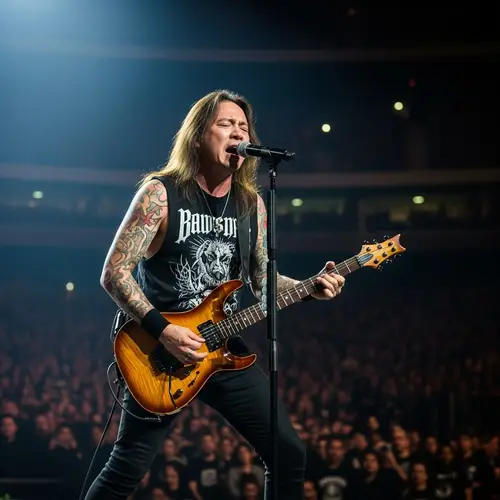 Asian Male Rockstar with Guitar and Tattoos Performing Live